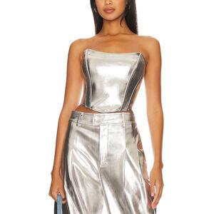 Line & Dot 'Tinsley' Silver Faux Leather Strapless Top Size M